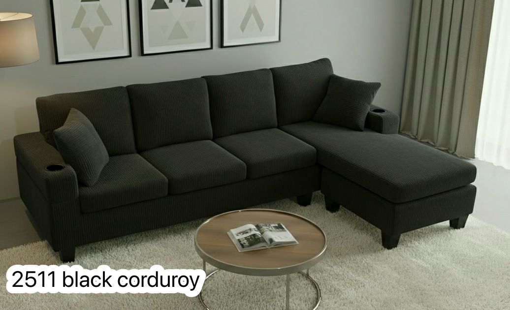 Live Oak 2511 Reversible Corduroy Sectional Sofa Set - Black