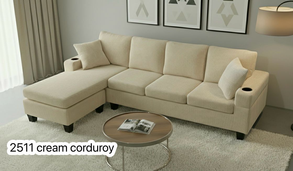 Live Oak 2511 Reversible Corduroy Sectional Sofa Set - Cream
