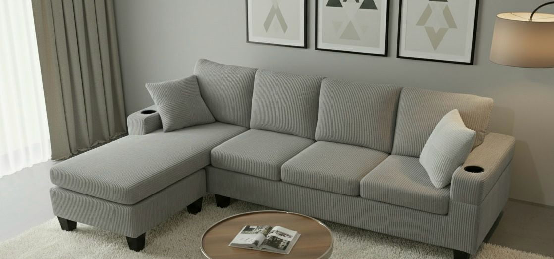 Live Oak 2511 Reversible Corduroy Sectional Sofa Set - Grey