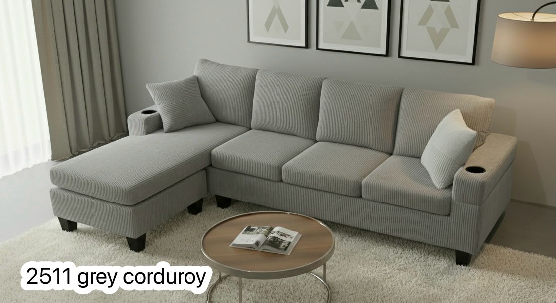 Live Oak 2511 Reversible Corduroy Sectional Sofa Set - Grey