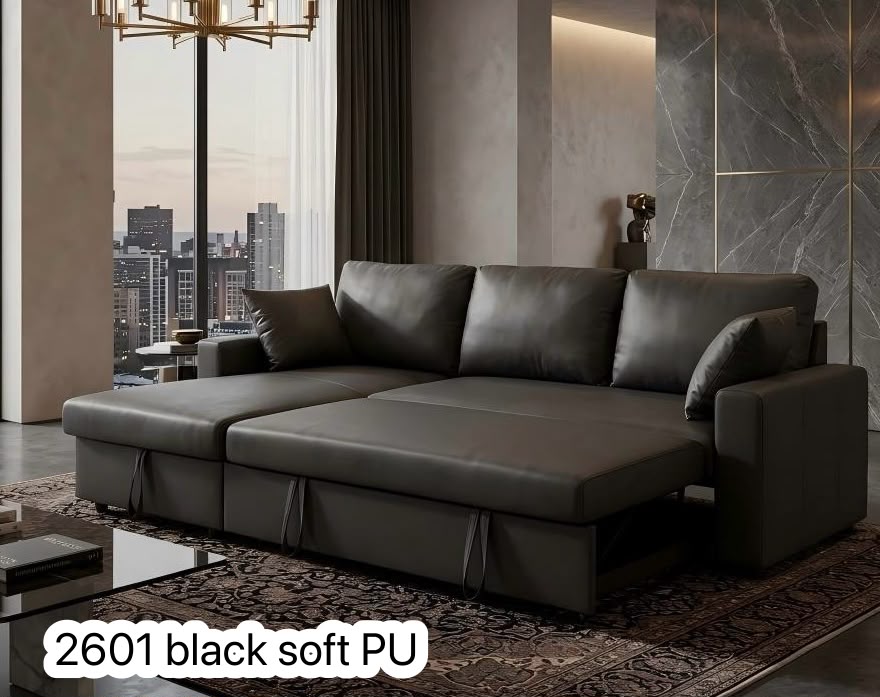 Live Oak 2601 Soft PU Leather Pull-Out Sofa Bed Sectional - Black