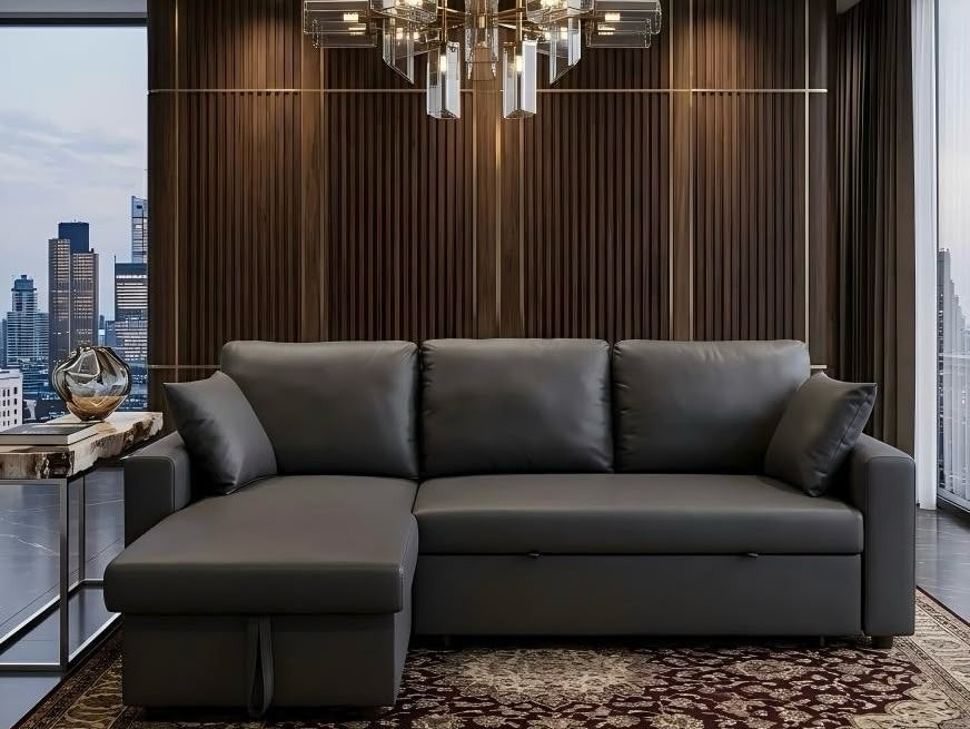 Live Oak 2601 Soft PU Leather Pull-Out Sofa Bed Sectional - Black