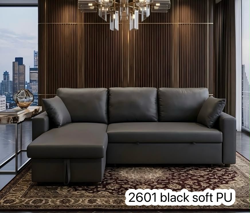 Live Oak 2601 Soft PU Leather Pull-Out Sofa Bed Sectional - Black