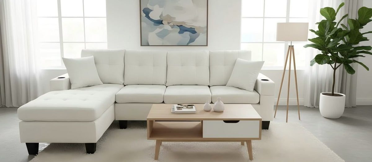 Live Oak 6212 Reversible Linen Sectional Sofa Set - Cream