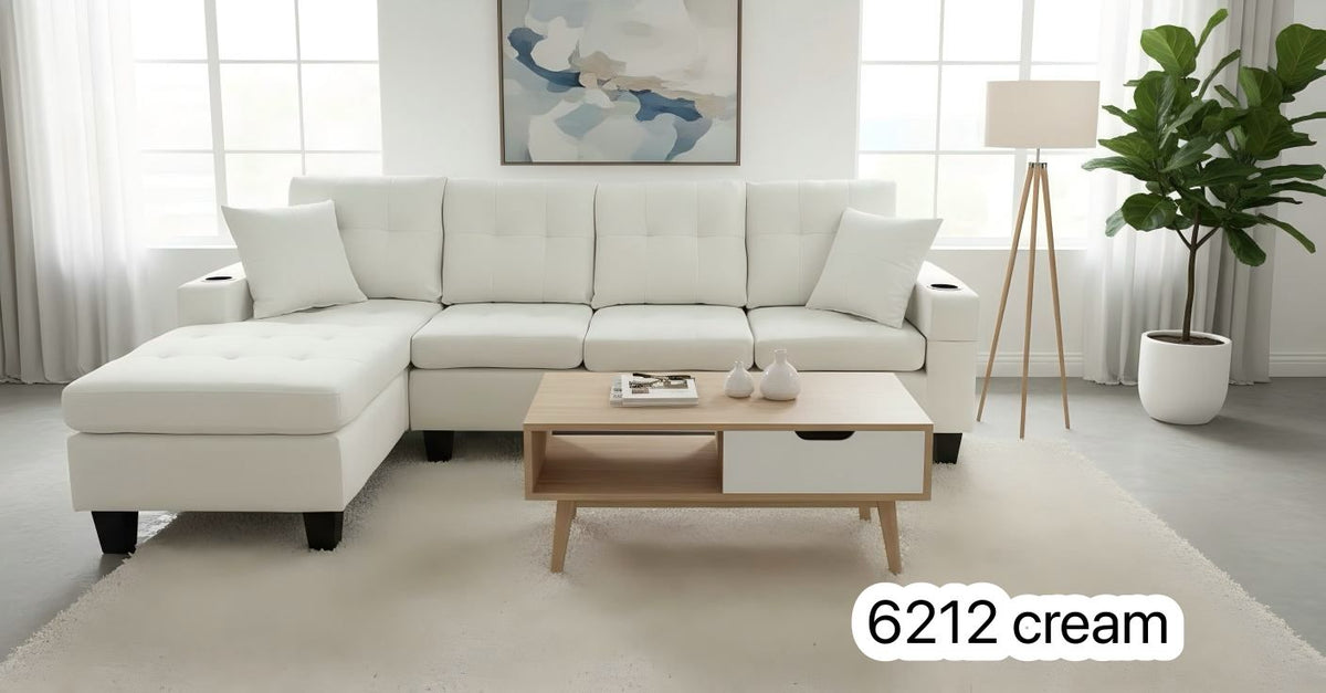 Live Oak 6212 Reversible Linen Sectional Sofa Set - Cream