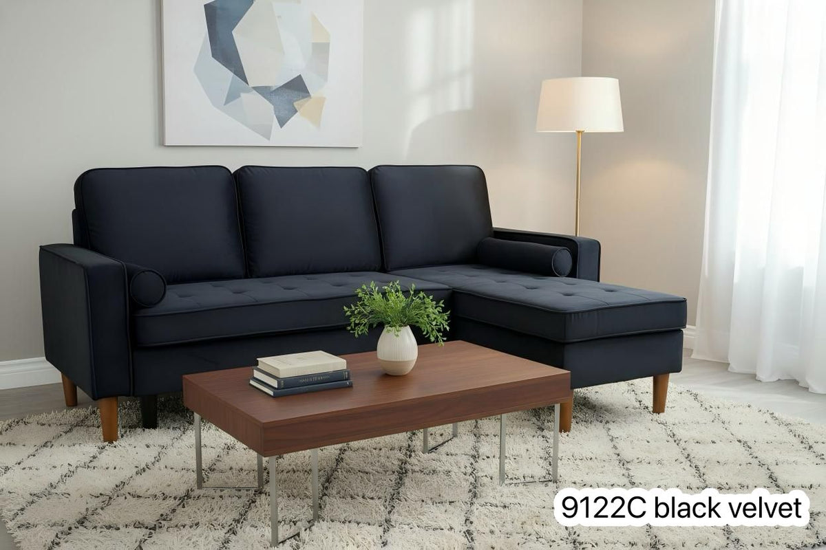 Live Oak 9122C Reversible Sectional Sofa with Solid Wood Legs - Velvet Black