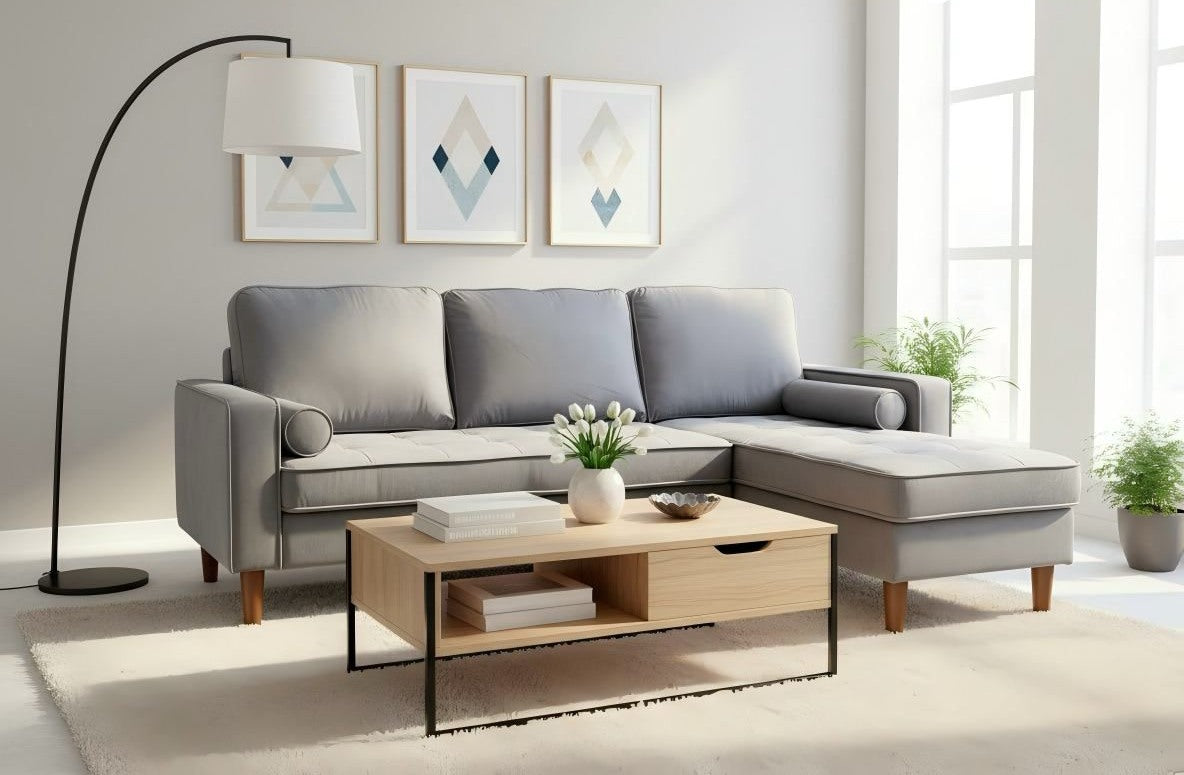 Live Oak 9122C Reversible Sectional Sofa with Solid Wood Legs - Velvet Grey