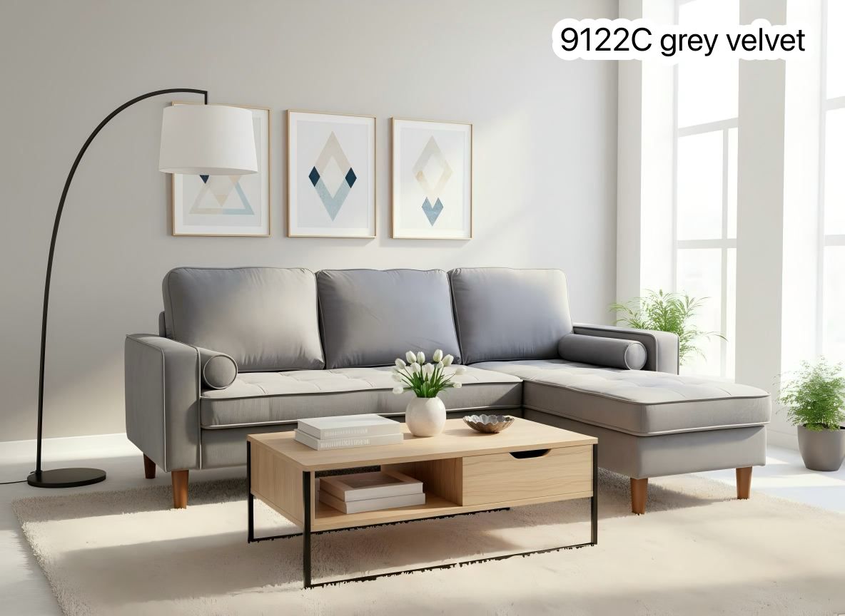 Live Oak 9122C Reversible Sectional Sofa with Solid Wood Legs - Velvet Grey