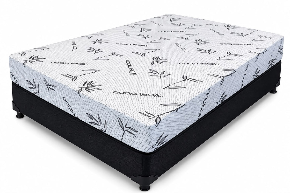 7 inch Prime Foam Mattress with bamboo knit cover on a black base